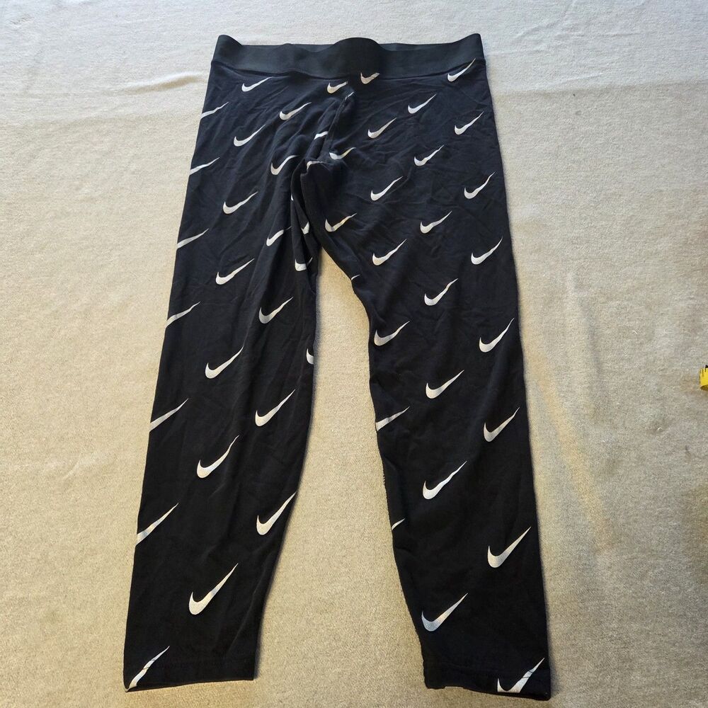 Nike Black Multi Swoosh Logo Leggings All Over Print Size 1X Athleisure Rare